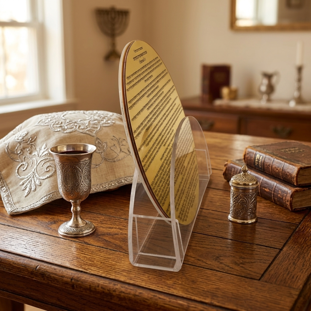 Modern Acrylic Bencher Set with  Golden prayer Prayer Plaque – Elegant Birkat Hamazon Cards with Lucite Stand – Sophisticated Judaica for Shabbat Table & Home