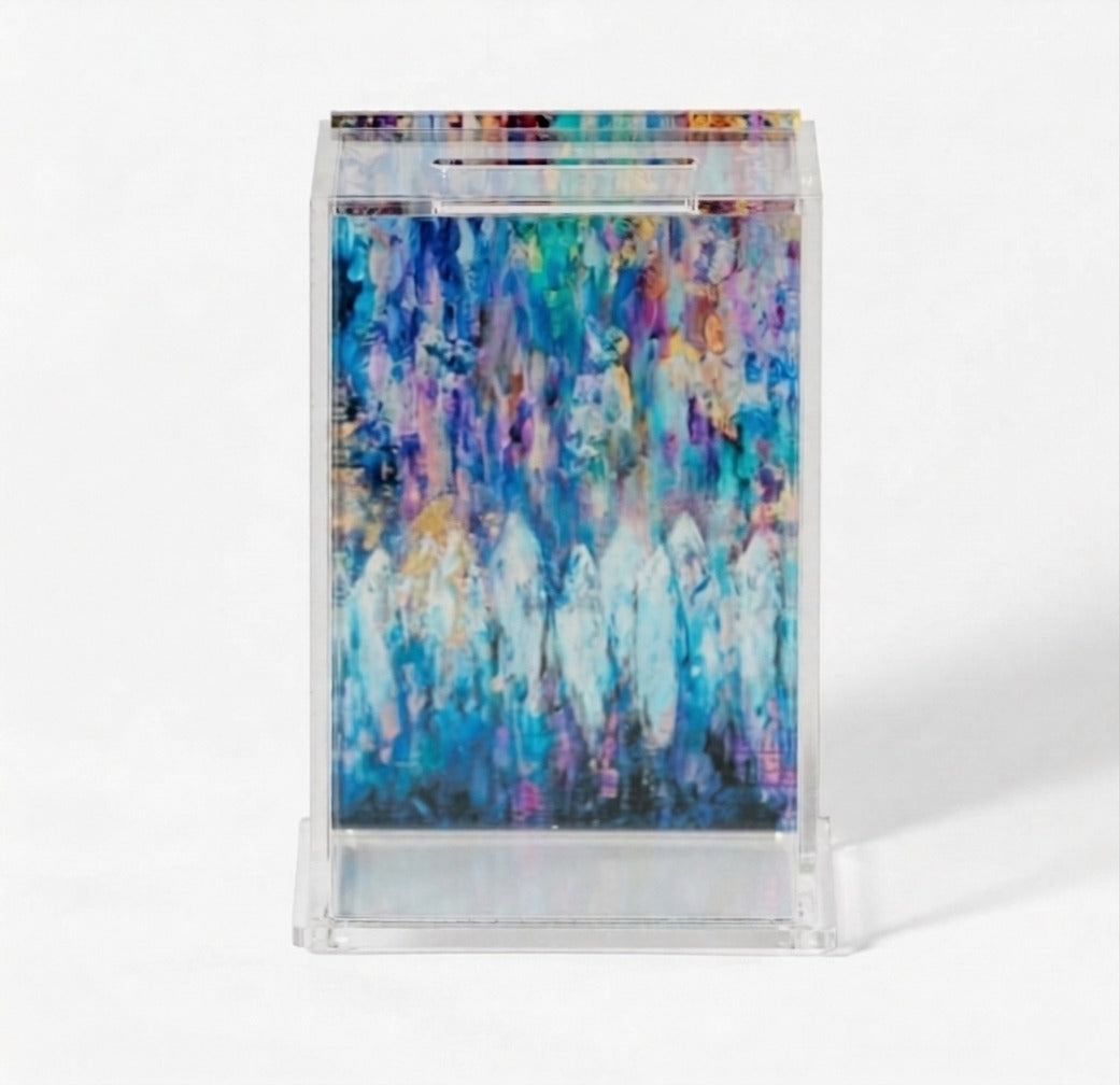 Acrylic Tzedakah Box for Charity - Modern Donation Box with Abstract Art - Jewish Gift for - Decorative Lucite Tzedakah Box