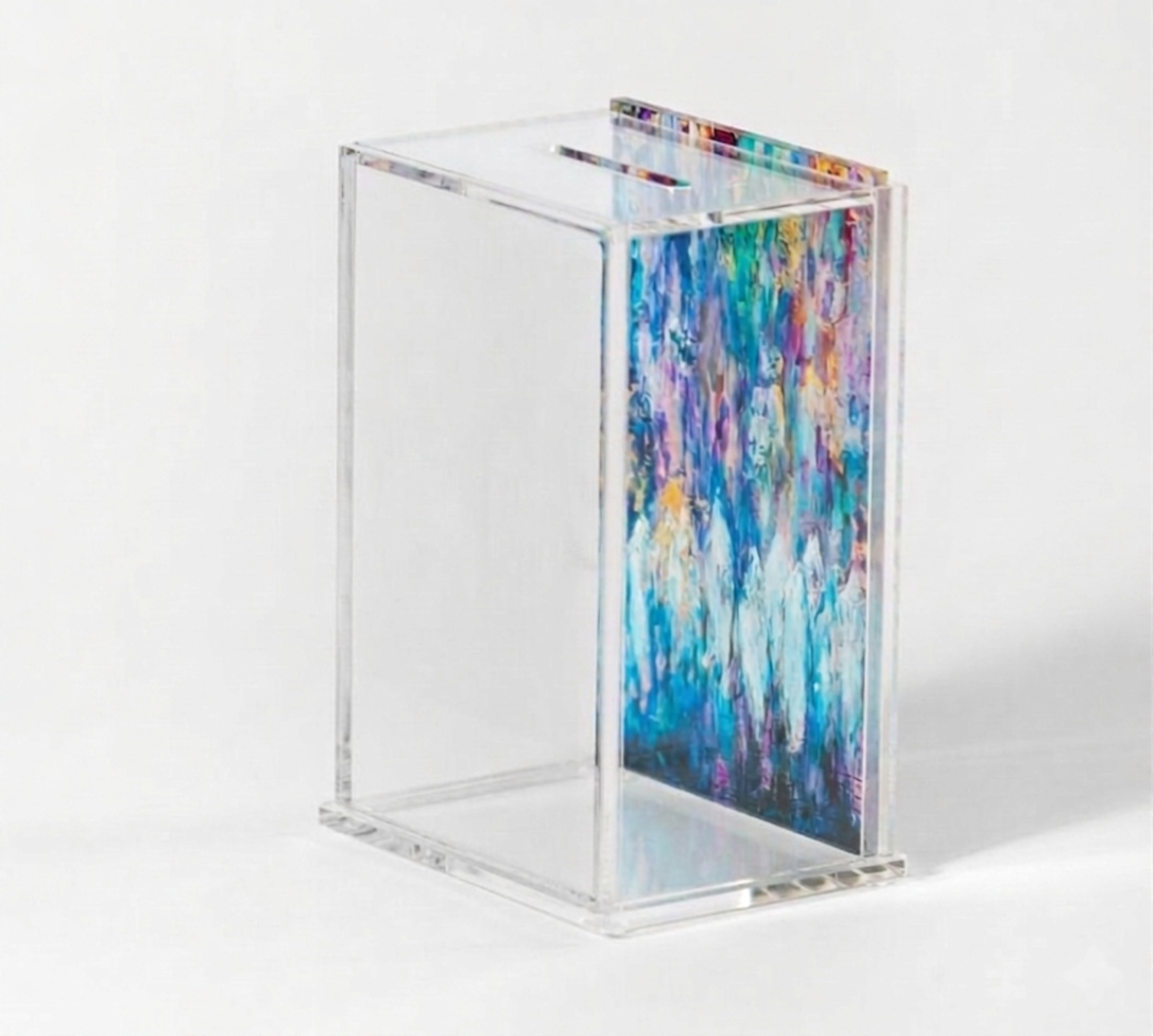 Acrylic Tzedakah Box for Charity - Modern Donation Box with Abstract Art - Jewish Gift for - Decorative Lucite Tzedakah Box