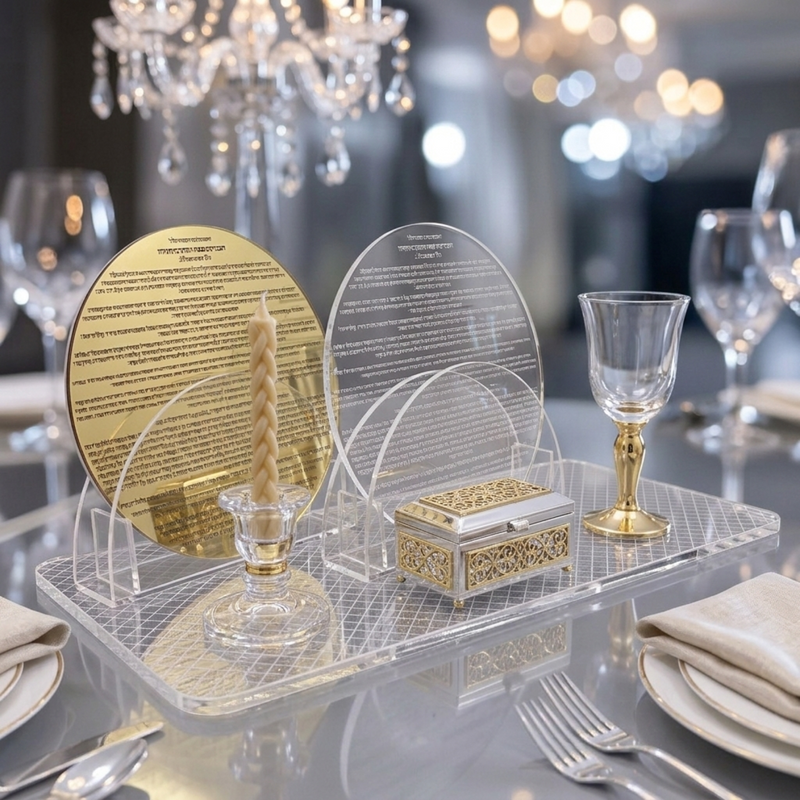 Modern Acrylic Bencher Set with  Golden prayer Prayer Plaque – Elegant Birkat Hamazon Cards with Lucite Stand – Sophisticated Judaica for Shabbat Table & Home