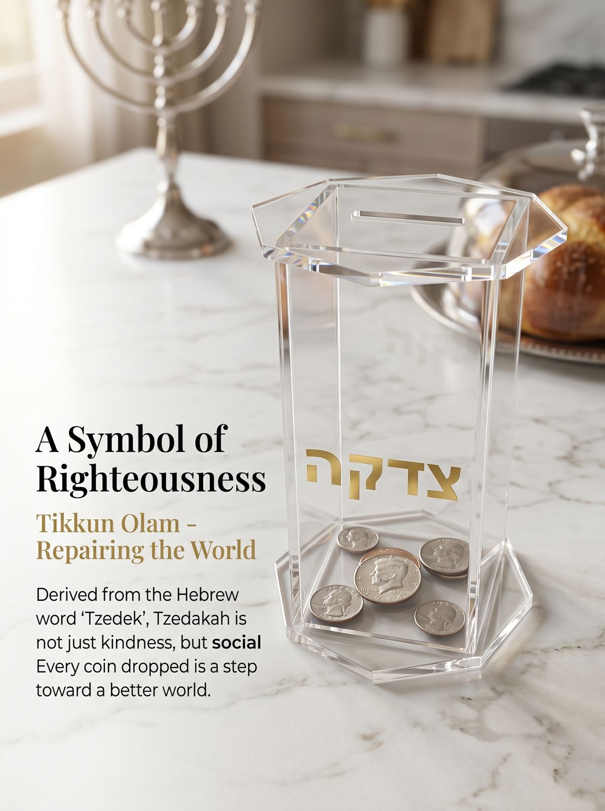 Clear Hexagonal Tzedakah Box, Jewish Housewarming Gift, Acrylic Pushke Box, Judaica Wedding Gift, Hanukkah Decoration, Charity Box