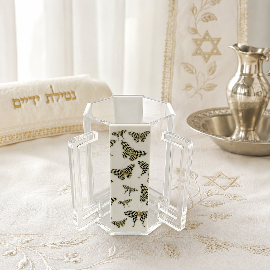 Modern Clear Acrylic Netilat Yadayim Washing Cup with Butterfly Design | Ritual Hand Washing Cup