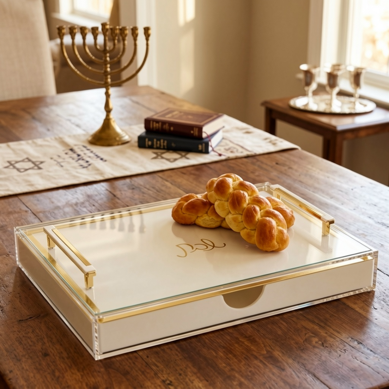 Luxury Acrylic Challah Board with Gold Handles - Modern Lucite Shabbat Bread Tray & Protective Cover - Elegant Judaica Gift