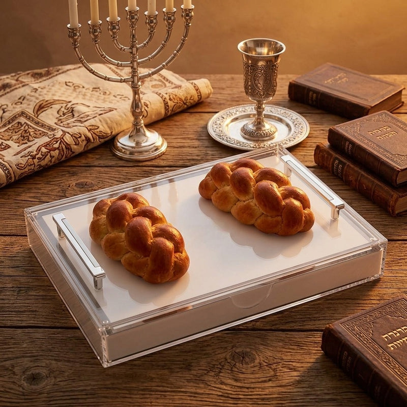 Luxury Acrylic Challah Board with Gold Handles - Modern Lucite Shabbat Bread Tray & Protective Cover - Elegant Judaica Gift