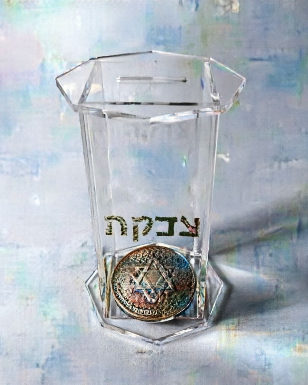 Clear Hexagonal Tzedakah Box, Jewish Housewarming Gift, Acrylic Pushke Box, Judaica Wedding Gift, Hanukkah Decoration, Charity Box