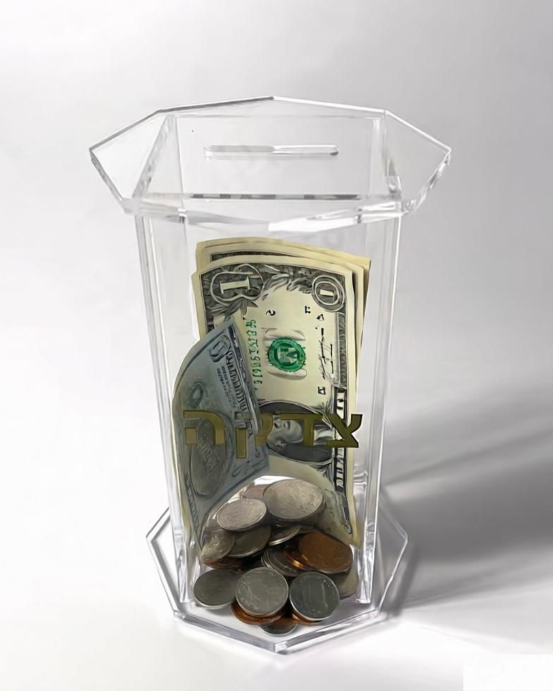 Clear Hexagonal Tzedakah Box, Jewish Housewarming Gift, Acrylic Pushke Box, Judaica Wedding Gift, Hanukkah Decoration, Charity Box