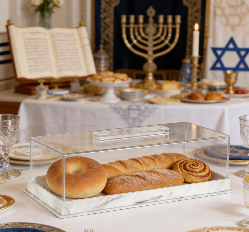 Modern Lucite with Marble base Challah Box – Acrylic Shabbat Pastry & Cake Server Display Case