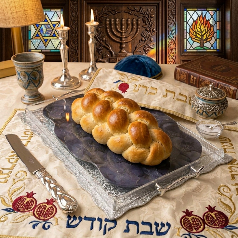 Modern Clear Acrylic Challah Board with Handles – Luxury Lucite Shabbat Bread Tray & Shatterproof Judaica Gift