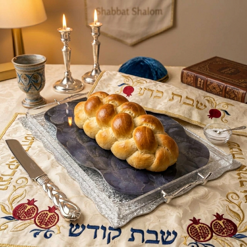 Modern Clear Acrylic Challah Board with Handles – Luxury Lucite Shabbat Bread Tray & Shatterproof Judaica Gift