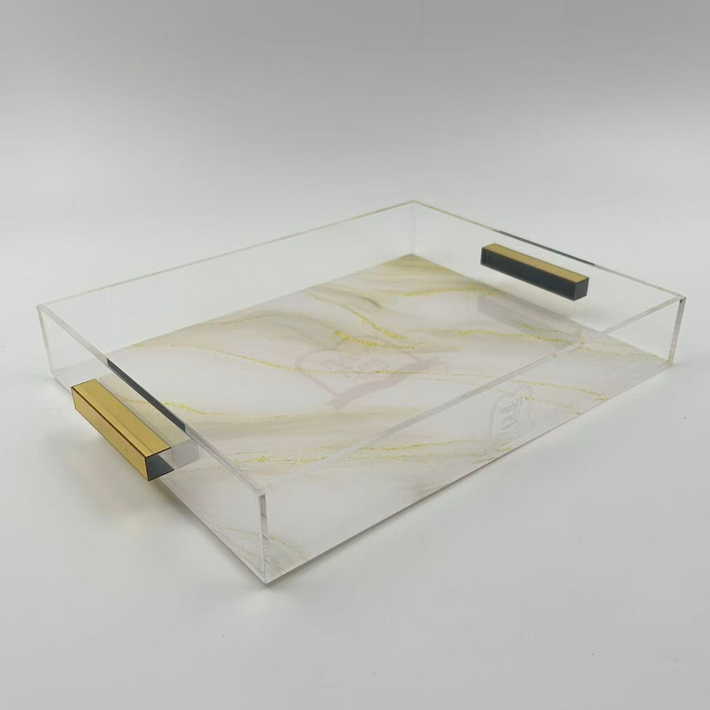 Luxury Acrylic Challah Tray with Gold Handles – Modern Shabbat & Holiday Marble Print Judaica Board