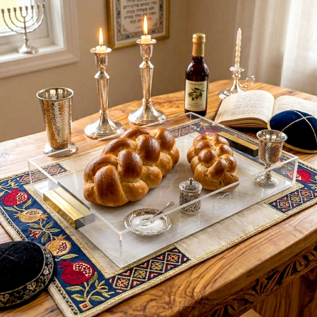 Luxury Acrylic Challah Tray with Gold Handles – Modern Shabbat & Holiday Marble Print Judaica Board