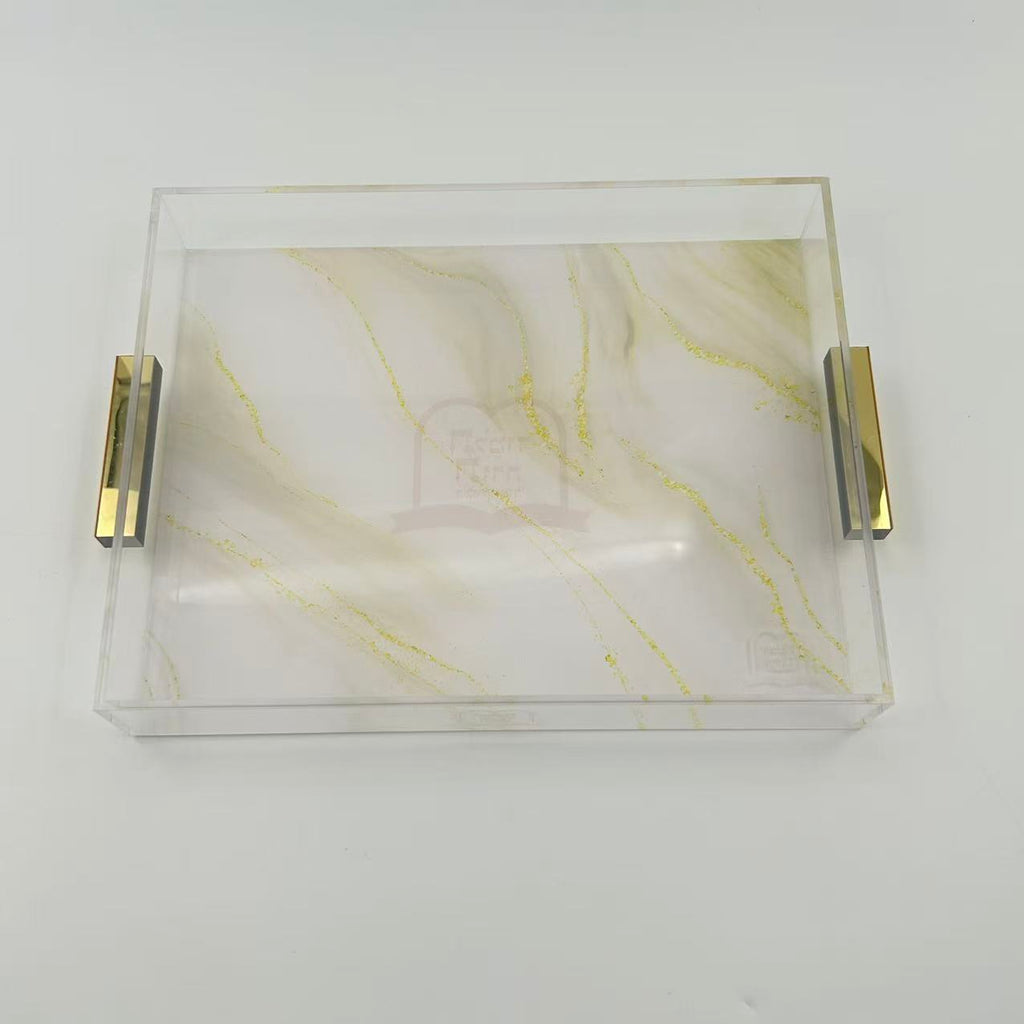 Luxury Acrylic Challah Tray with Gold Handles – Modern Shabbat & Holiday Marble Print Judaica Board