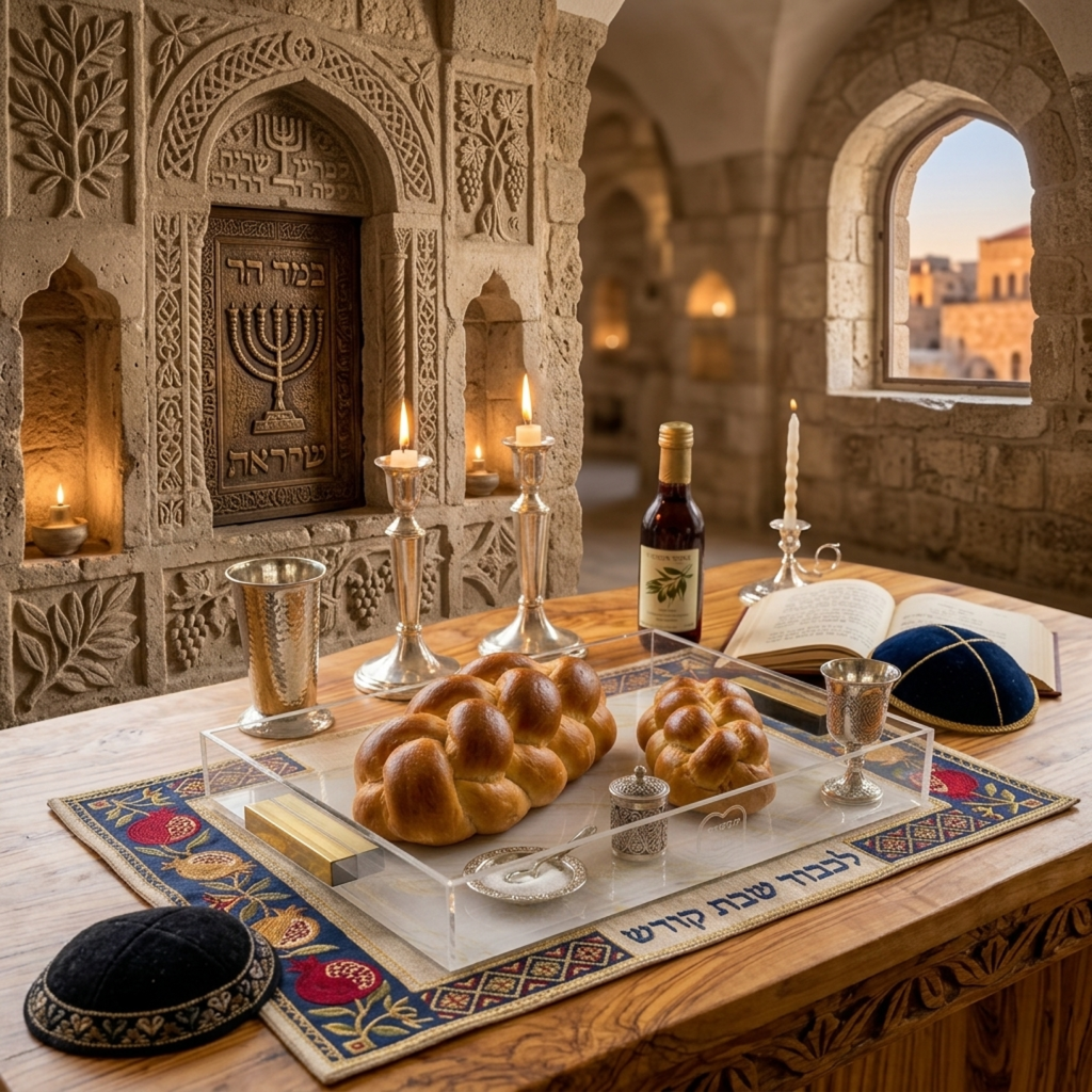 Luxury Acrylic Challah Tray with Gold Handles – Modern Shabbat & Holiday Marble Print Judaica Board