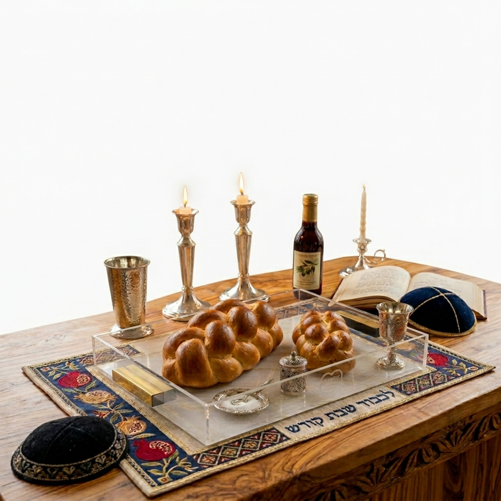 Luxury Acrylic Challah Tray with Gold Handles – Modern Shabbat & Holiday Marble Print Judaica Board