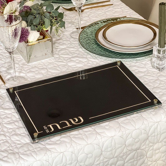 Modern Black Acrylic Challah Board with Gold Design - Sleek Shabbat Tray - Contemporary Gift & Judaica Table Decor