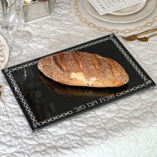 Modern Black Acrylic Challah Board with Gold Design - Sleek Shabbat Tray - Contemporary Gift & Judaica Table Decor