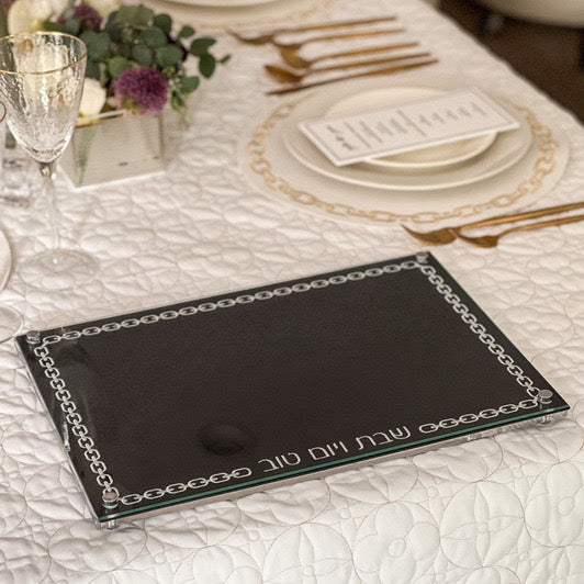 Modern Black Acrylic Challah Board with Gold Design - Sleek Shabbat Tray - Contemporary Gift & Judaica Table Decor
