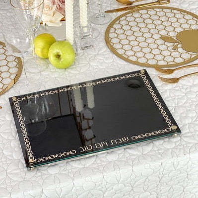 Modern Black Acrylic Challah Board with Gold Design - Sleek Shabbat Tray - Contemporary Gift & Judaica Table Decor