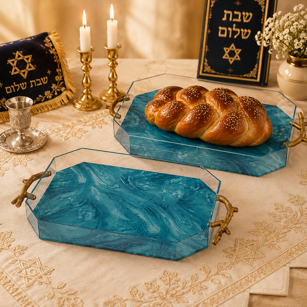 Modern Acrylic Challah Tray with Branch Handles for Shabbat and Holidays