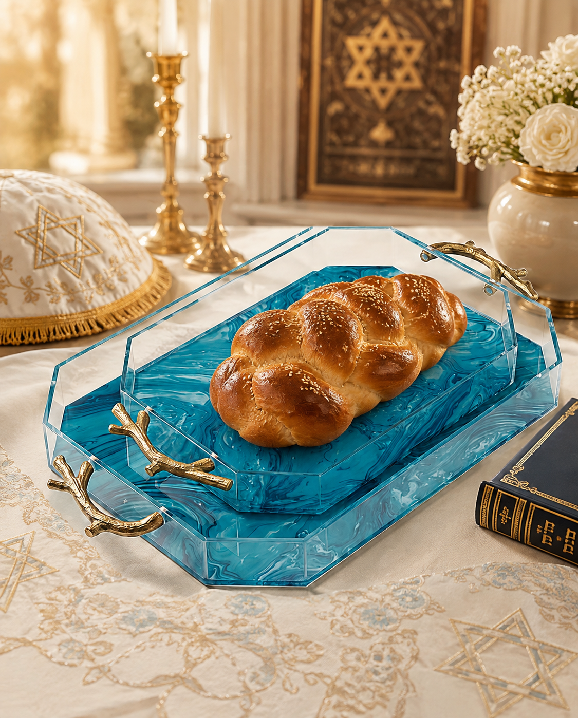 Modern Acrylic Challah Tray with Branch Handles for Shabbat and Holidays