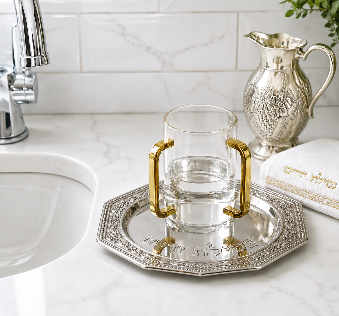 Modern Two-Handle Ritual Hand Washing Vessel in Premium Acrylic with Polished Gold Accents – 14 cm Judaica Hand Washing Cup for Home and Gift