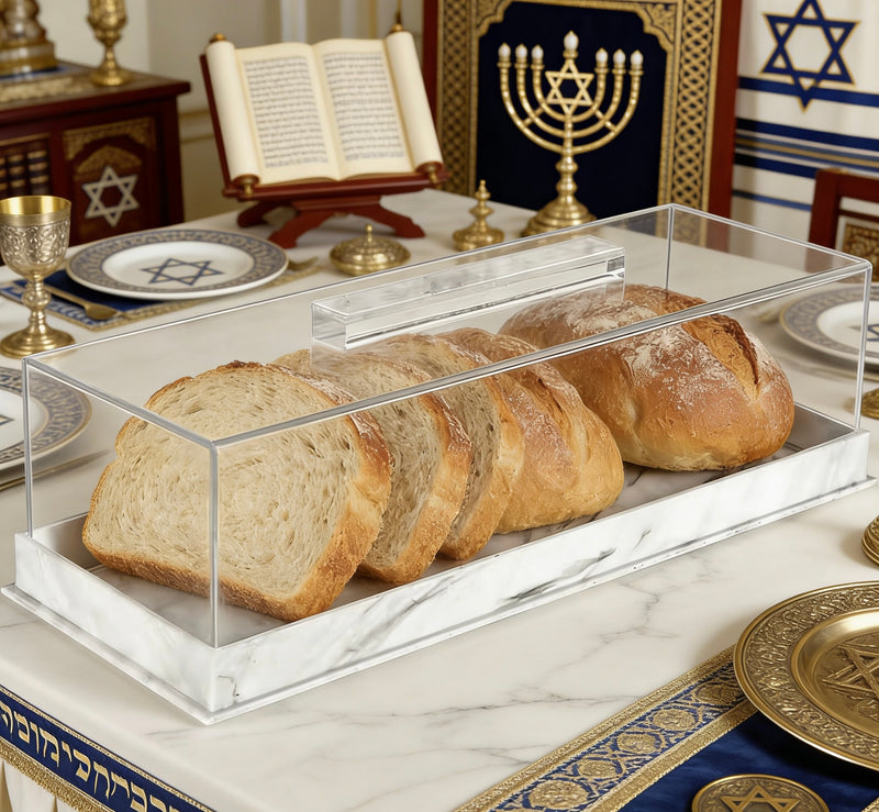Modern Lucite with Marble base Challah Box – Acrylic Shabbat Pastry & Cake Server Display Case