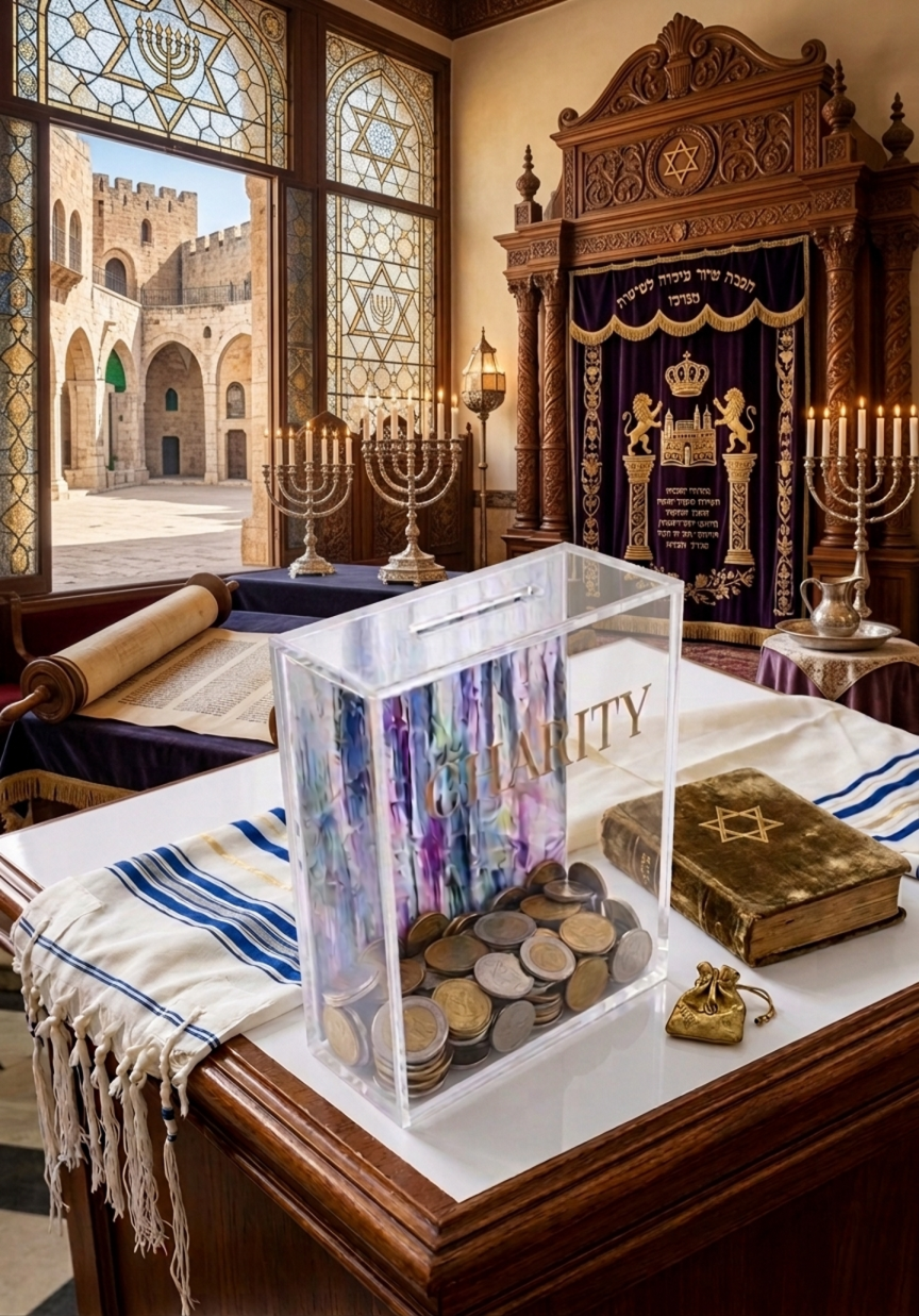 Acrylic Tzedakah Box for Charity - Modern Donation Box with Abstract Art - Jewish Gift for - Decorative Lucite Tzedakah Box