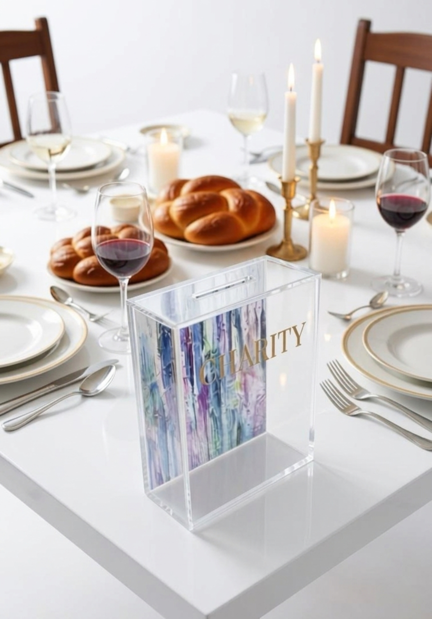 Acrylic Tzedakah Box for Charity - Modern Donation Box with Abstract Art - Jewish Gift for - Decorative Lucite Tzedakah Box