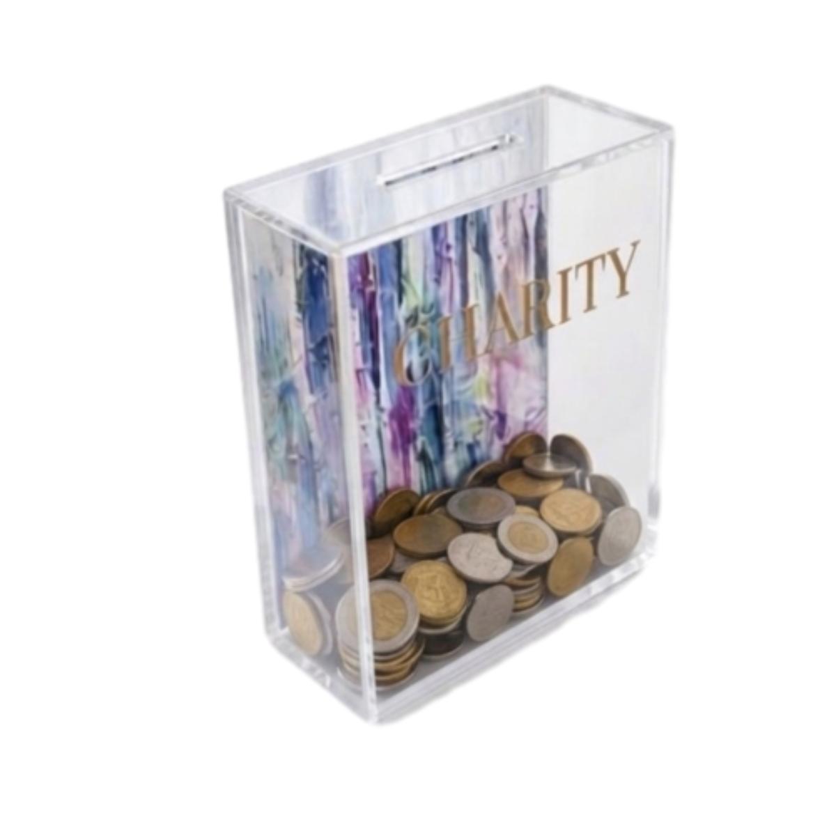 Acrylic Tzedakah Box for Charity - Modern Donation Box with Abstract Art - Jewish Gift for - Decorative Lucite Tzedakah Box