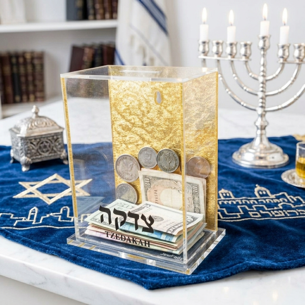 Tzedakah Charity Box - Acrylic Lucite Jewish Money Container with Hebrew Inscription - Contemporary Pushka for Giving - Designer Judaica Office & Home Accessory