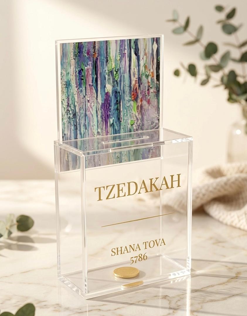 Acrylic Tzedakah Box for Charity - Modern Donation Box with Abstract Art - Jewish Gift for - Decorative Lucite Tzedakah Box