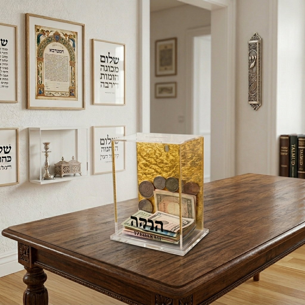 Tzedakah Charity Box - Acrylic Lucite Jewish Money Container with Hebrew Inscription - Contemporary Pushka for Giving - Designer Judaica Office & Home Accessory