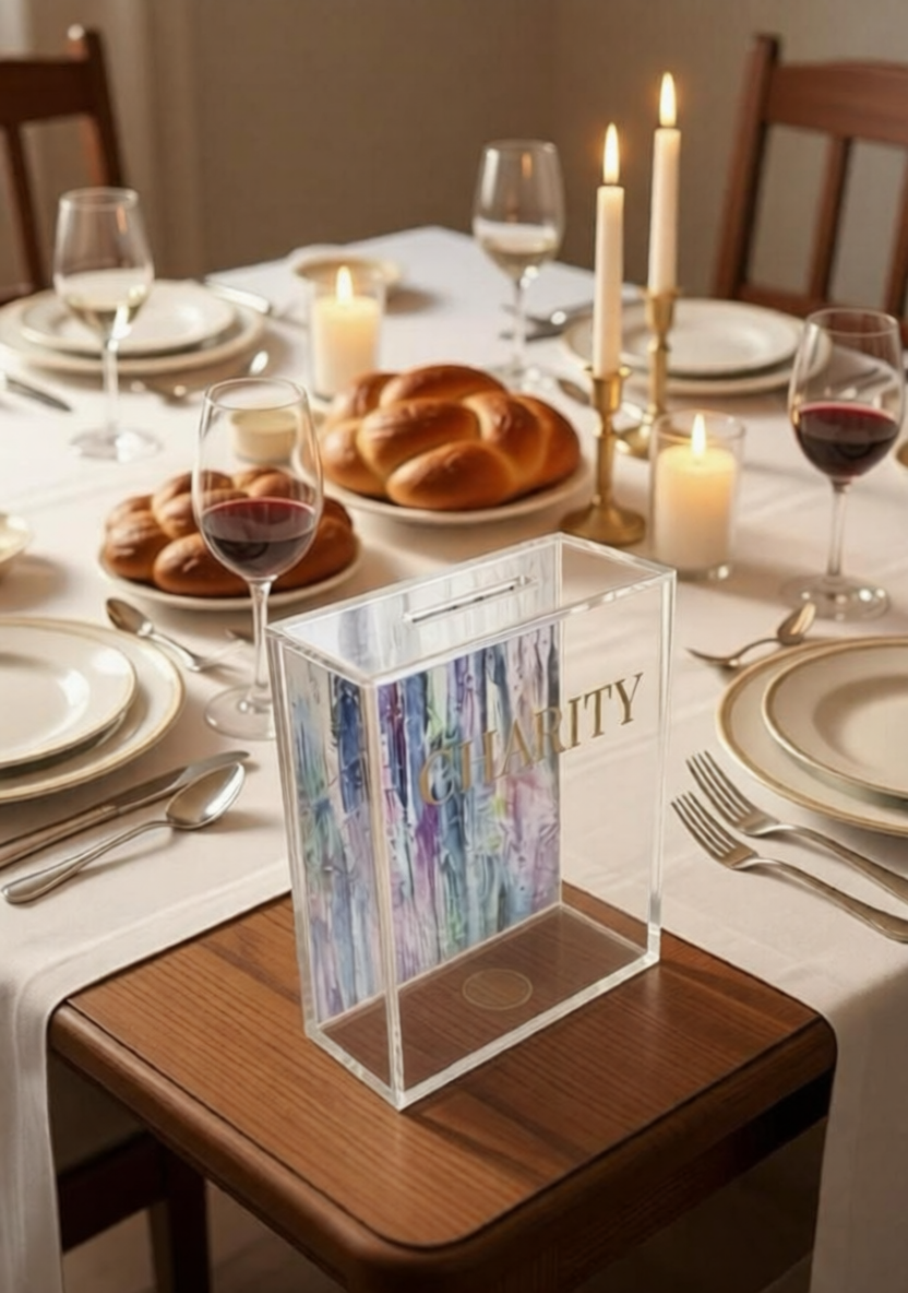 Acrylic Tzedakah Box for Charity - Modern Donation Box with Abstract Art - Jewish Gift for - Decorative Lucite Tzedakah Box