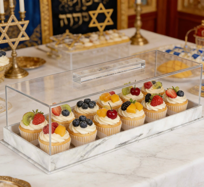 Modern Lucite with Marble base Challah Box – Acrylic Shabbat Pastry & Cake Server Display Case