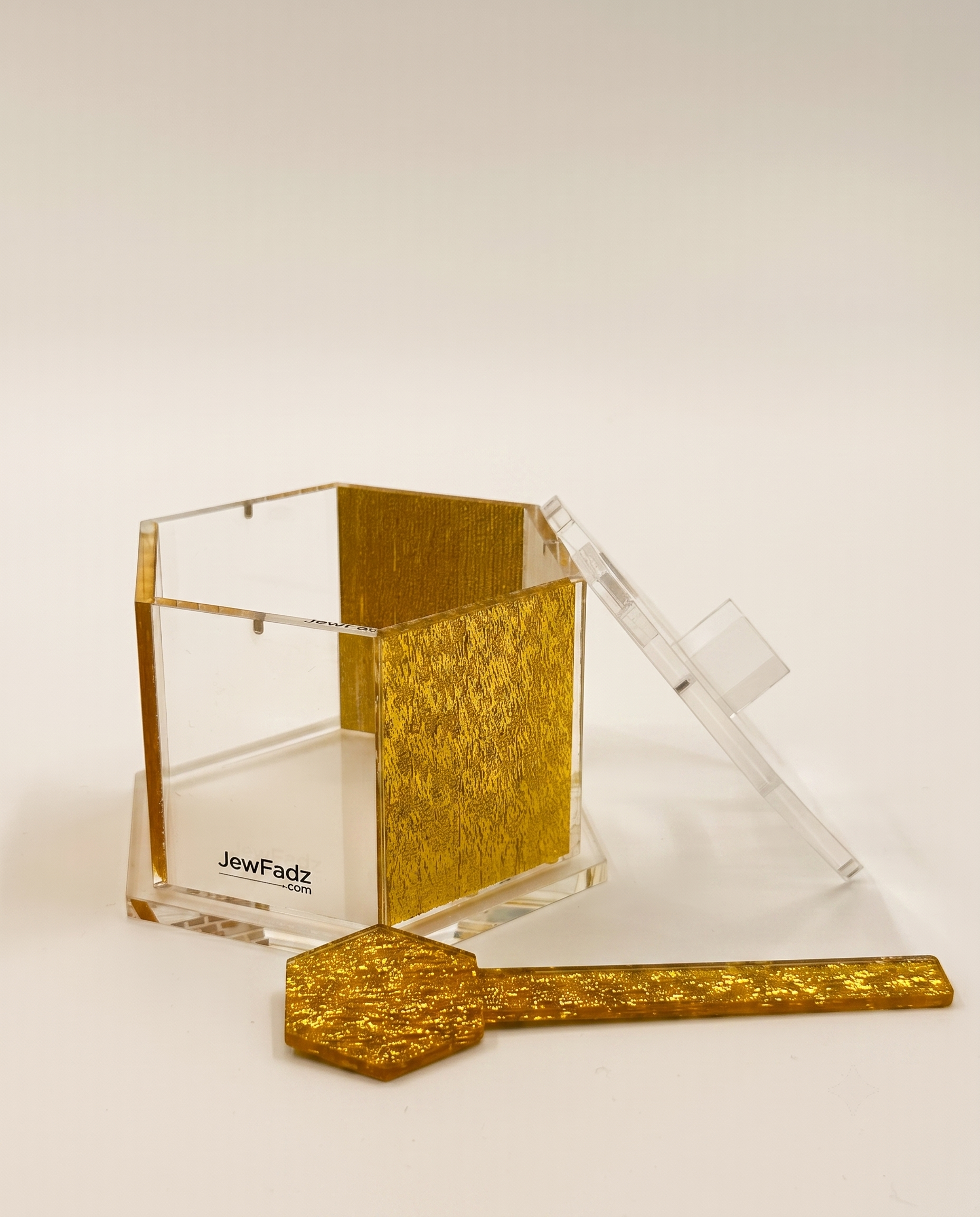 Luxury Hexagon Honey Dish with Dipper for Rosh Hashanah – Gold & Clear Acrylic