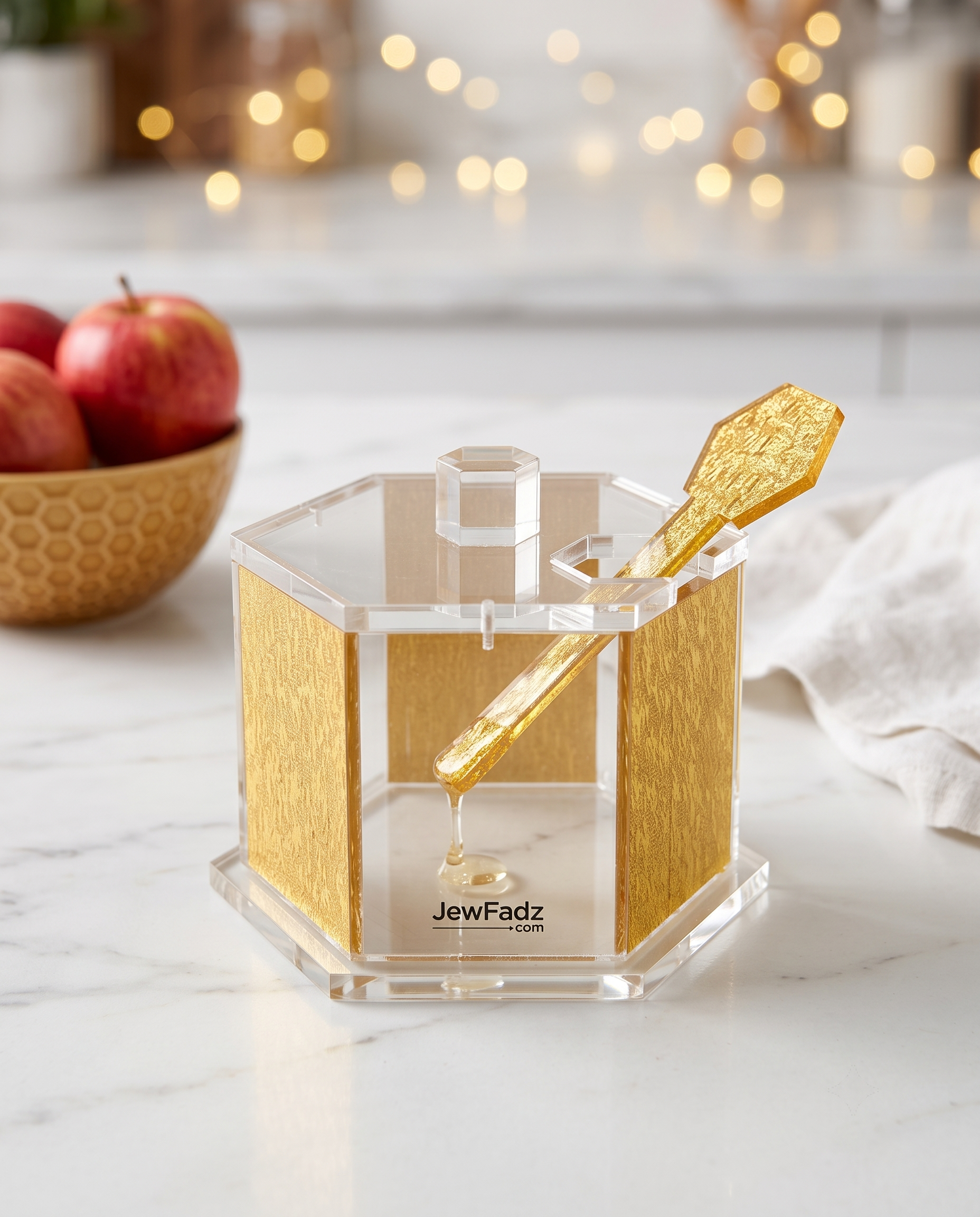 Luxury Hexagon Honey Dish with Dipper for Rosh Hashanah – Gold & Clear Acrylic