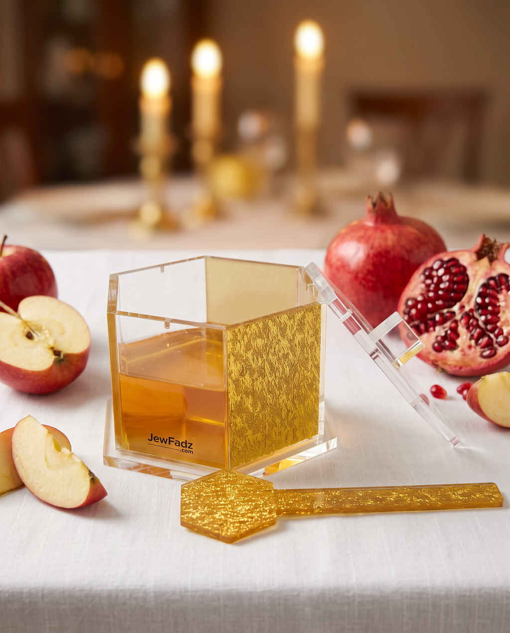 Luxury Hexagon Honey Dish with Dipper for Rosh Hashanah – Gold & Clear Acrylic