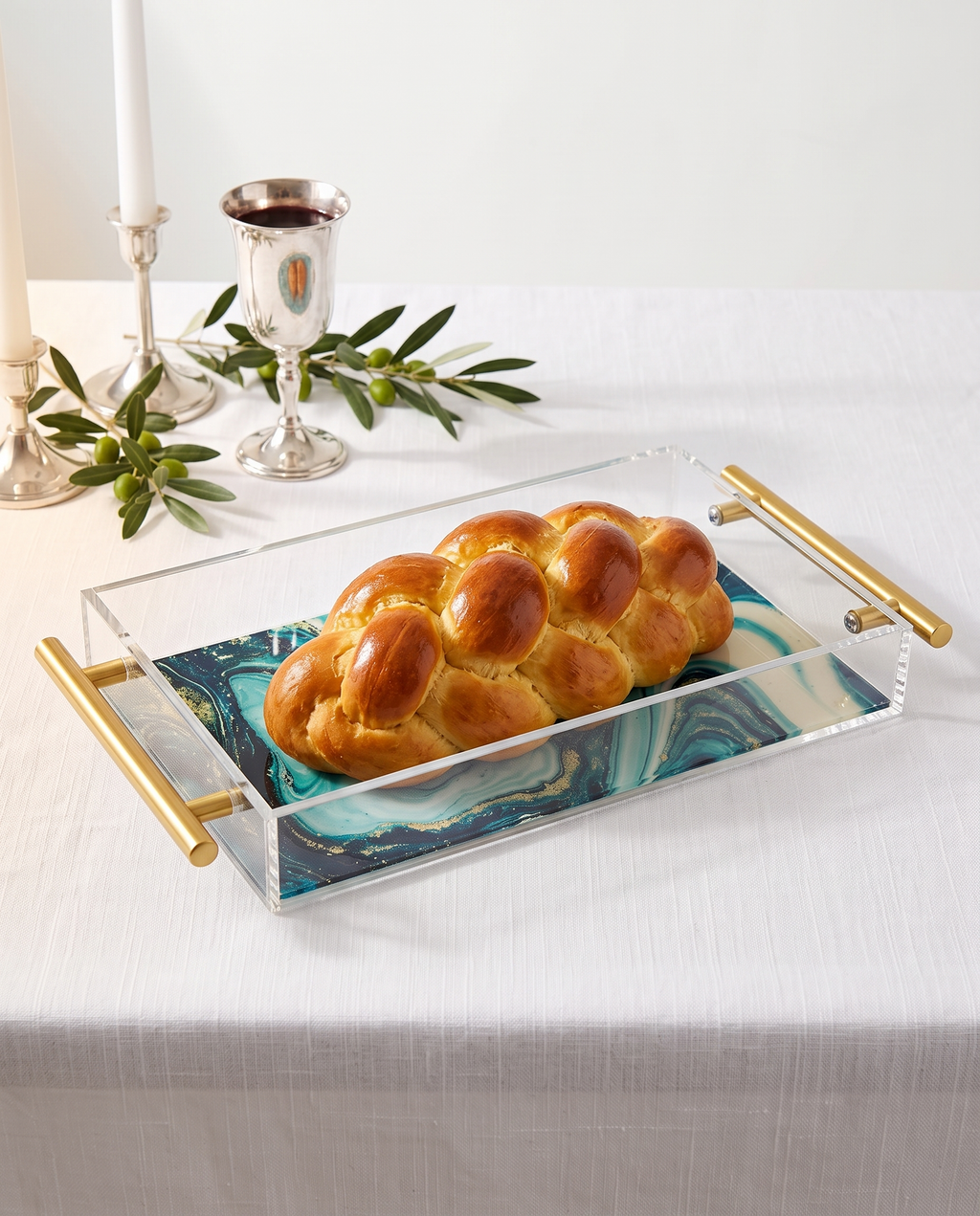 Luxury Acrylic Challah Tray  – Modern Marbled Judaica Serving Board for Shabbat & Yom Tov