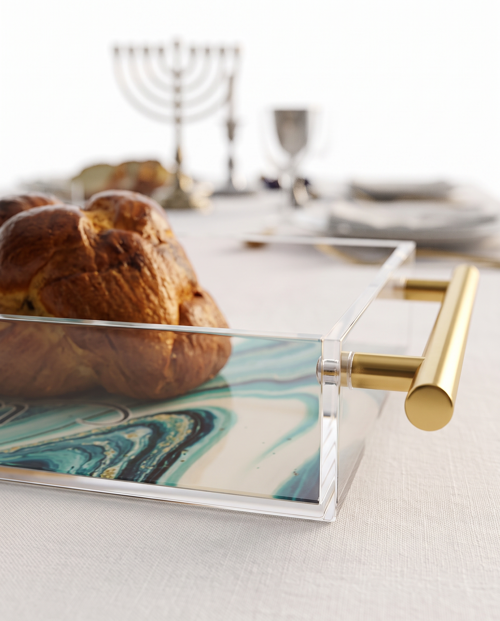 Luxury Acrylic Challah Tray  – Modern Marbled Judaica Serving Board for Shabbat & Yom Tov