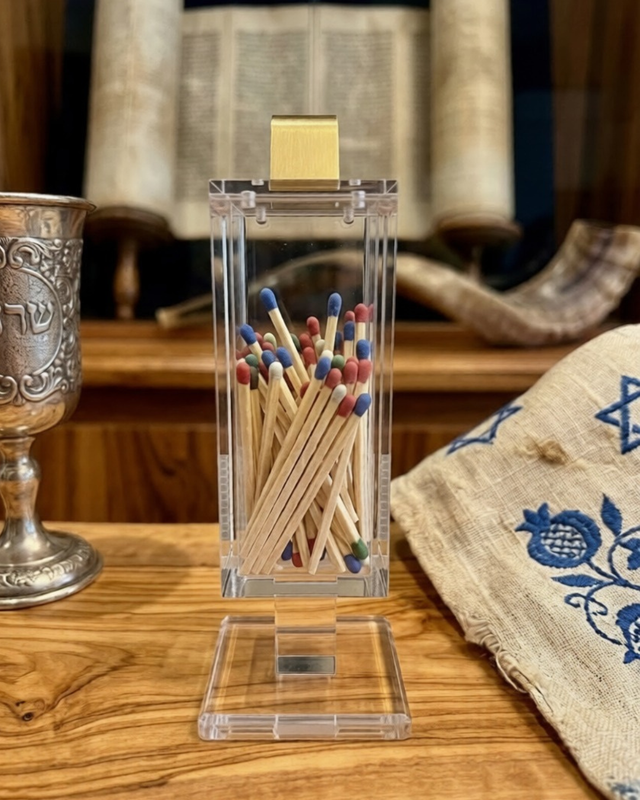 Modern Acrylic Shabbat Match Holder Box – Minimalist Lucite Matchbox Case with Striker – Elegant Judaica Desk Accessory & Shabbat Table Decor