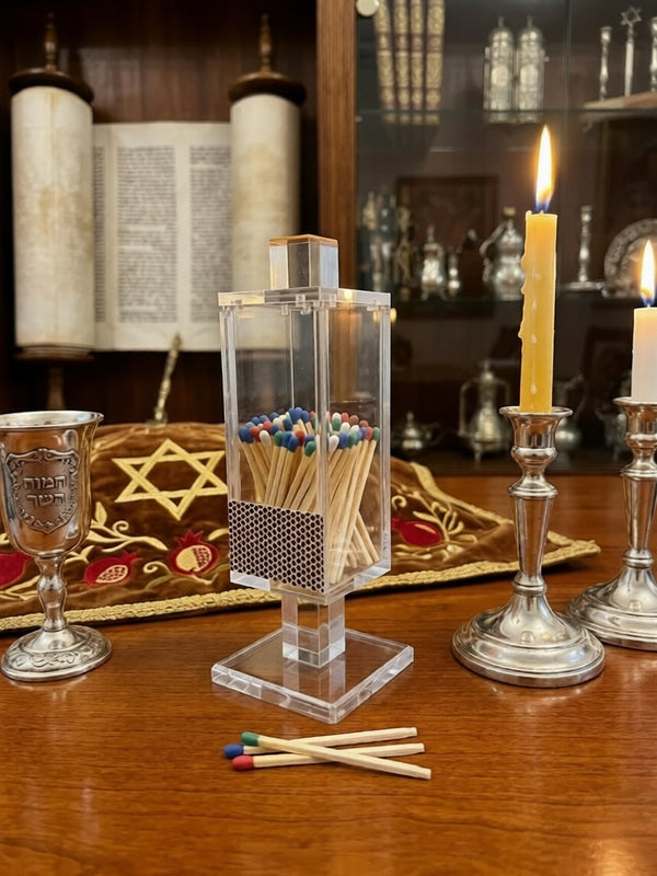Modern Acrylic Shabbat Match Holder Box – Minimalist Lucite Matchbox Case with Striker – Elegant Judaica Desk Accessory & Shabbat Table Decor