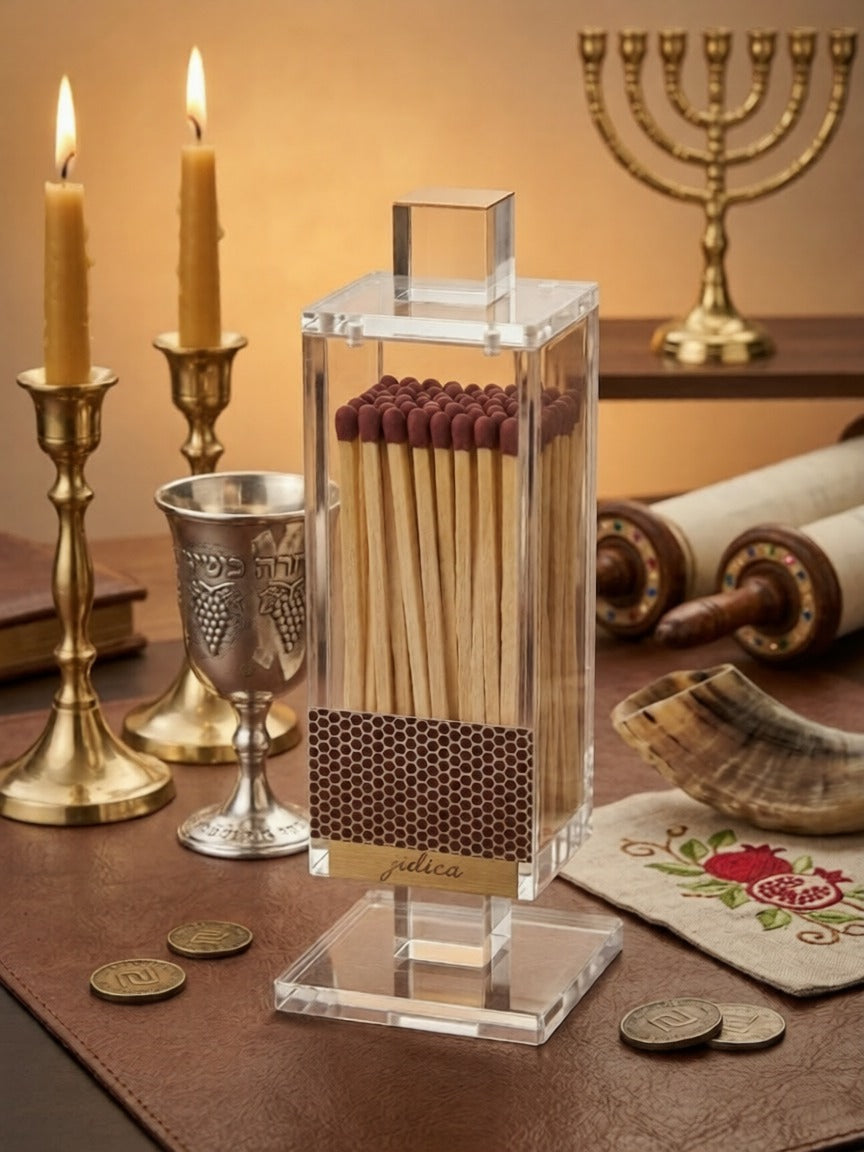 Modern Acrylic Shabbat Match Holder Box – Minimalist Lucite Matchbox Case with Striker – Elegant Judaica Desk Accessory & Shabbat Table Decor