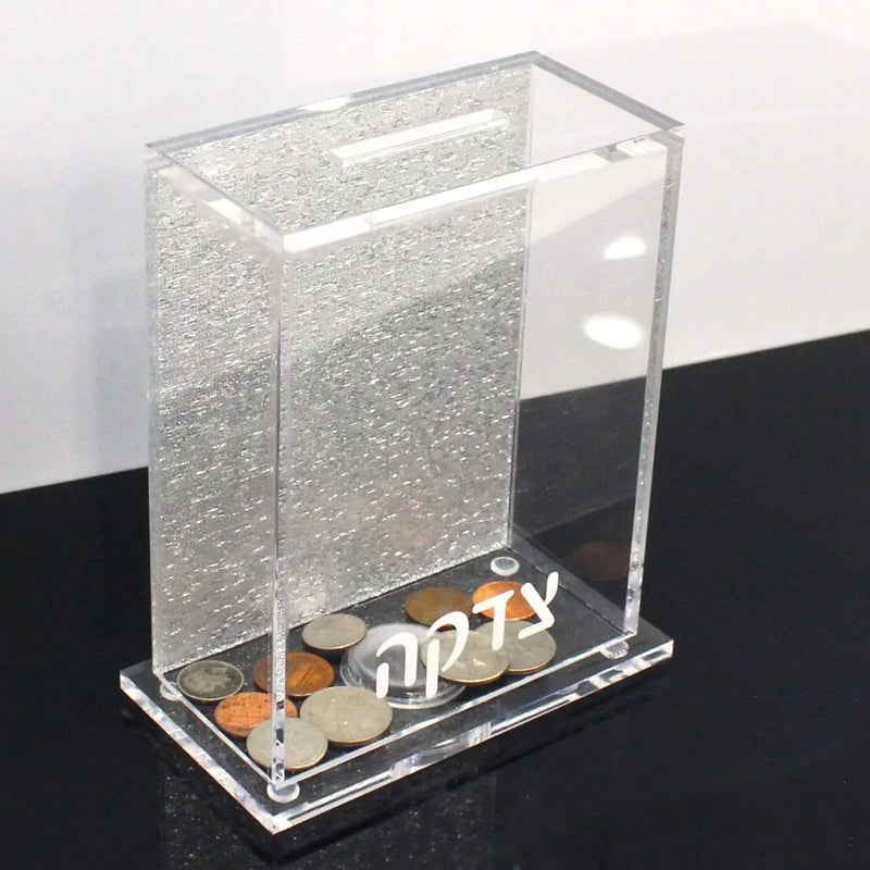 Elegant Lucite Tzedakah Box – Clear Acrylic Charity Box for Jewish Home & Synagogue – Modern Judaica Donation Box Gift