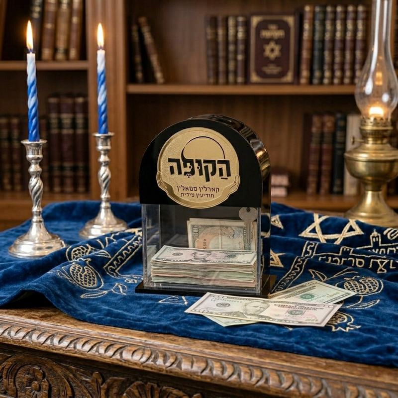 Luxury Modern Acrylic Tzedakah Box - Clear Lucite Jewish Charity Box with Elegant premium Judaica Gift