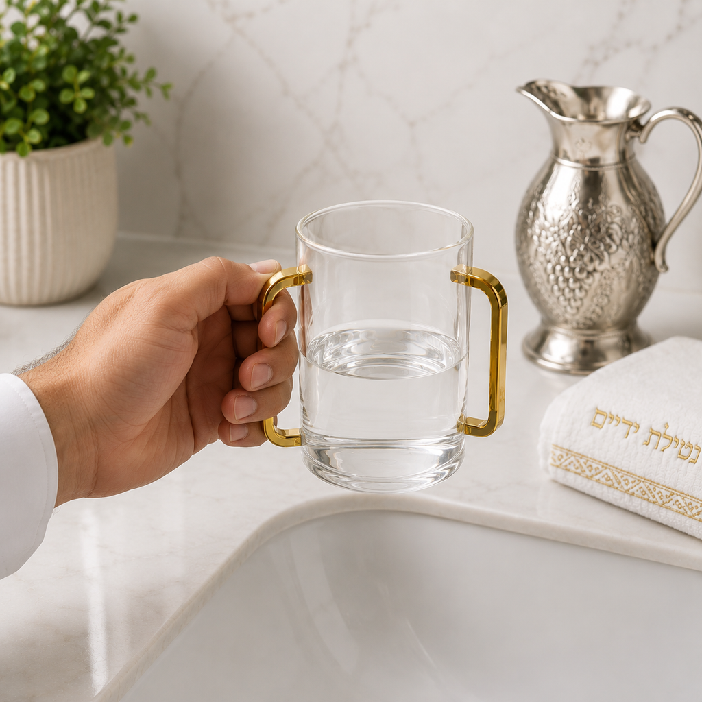 Modern Two-Handle Ritual Hand Washing Vessel in Premium Acrylic with Polished Gold Accents – 14 cm Judaica Hand Washing Cup for Home and Gift