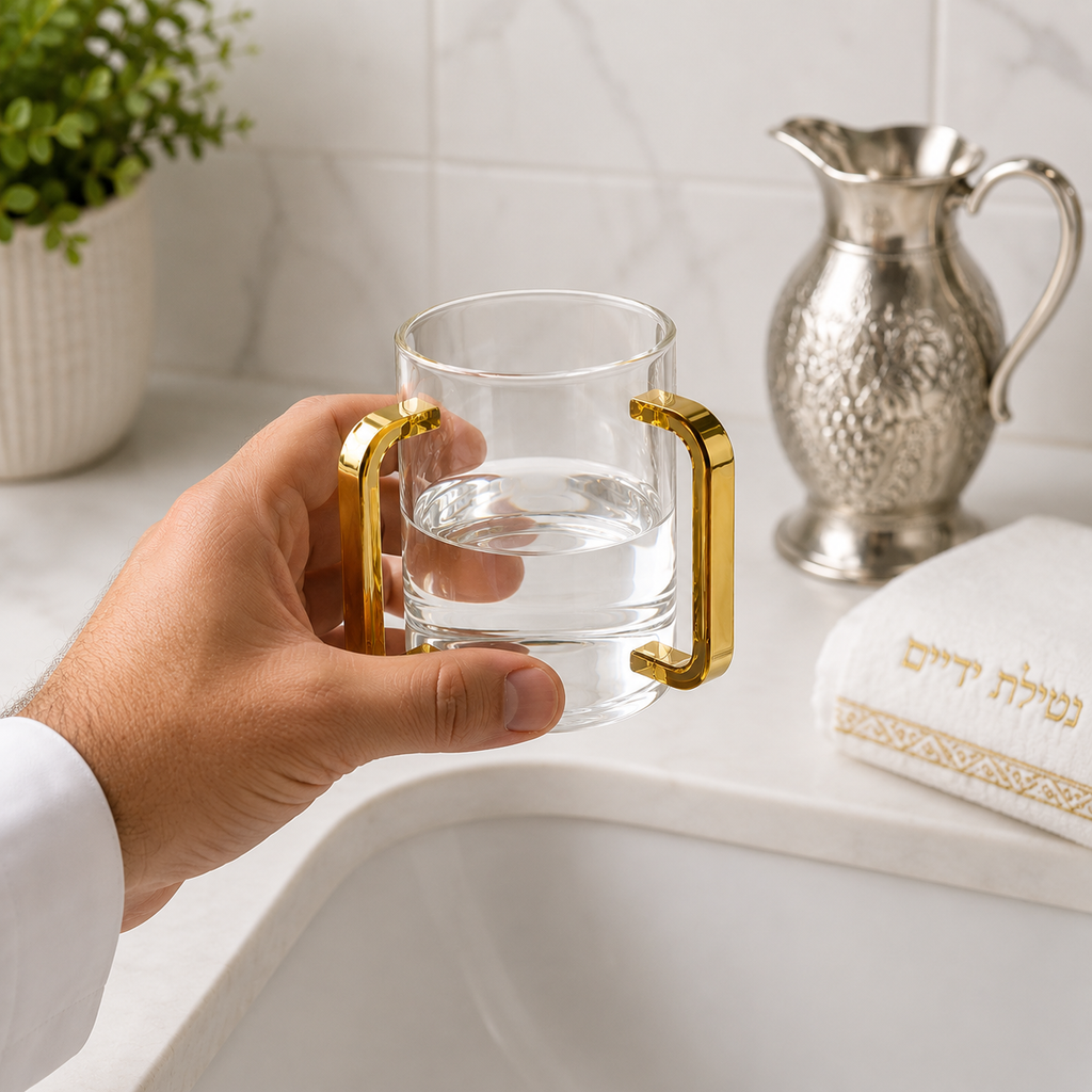 Modern Two-Handle Ritual Hand Washing Vessel in Premium Acrylic with Polished Gold Accents – 14 cm Judaica Hand Washing Cup for Home and Gift