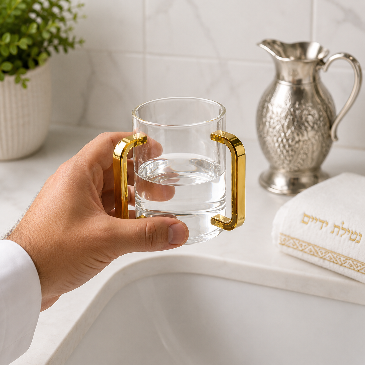 Modern Two-Handle Ritual Hand Washing Vessel in Premium Acrylic with Polished Gold Accents – 14 cm Judaica Hand Washing Cup for Home and Gift