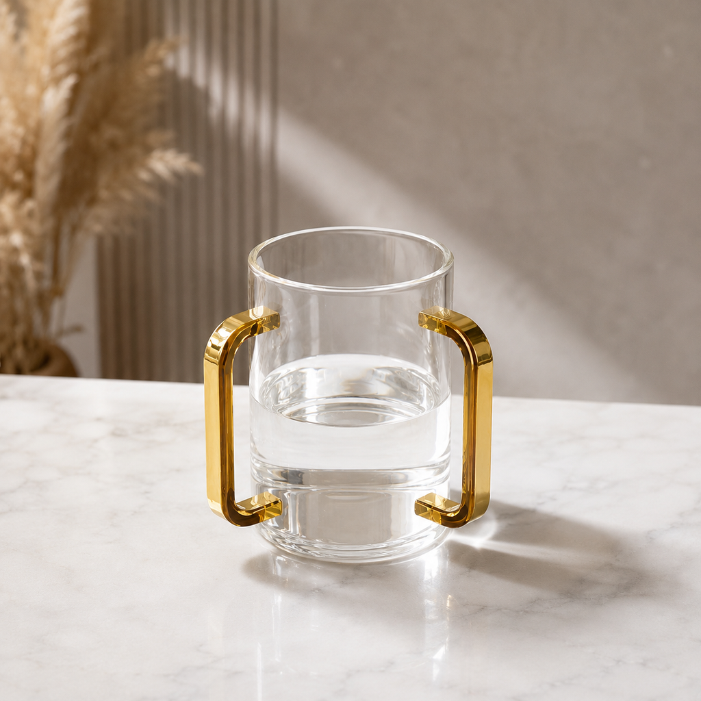 Modern Two-Handle Ritual Hand Washing Vessel in Premium Acrylic with Polished Gold Accents – 14 cm Judaica Hand Washing Cup for Home and Gift