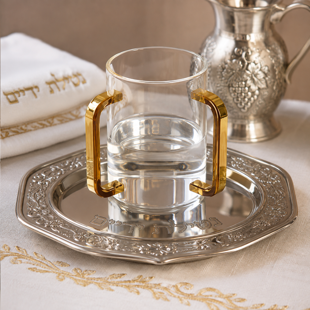 Modern Two-Handle Ritual Hand Washing Vessel in Premium Acrylic with Polished Gold Accents – 14 cm Judaica Hand Washing Cup for Home and Gift