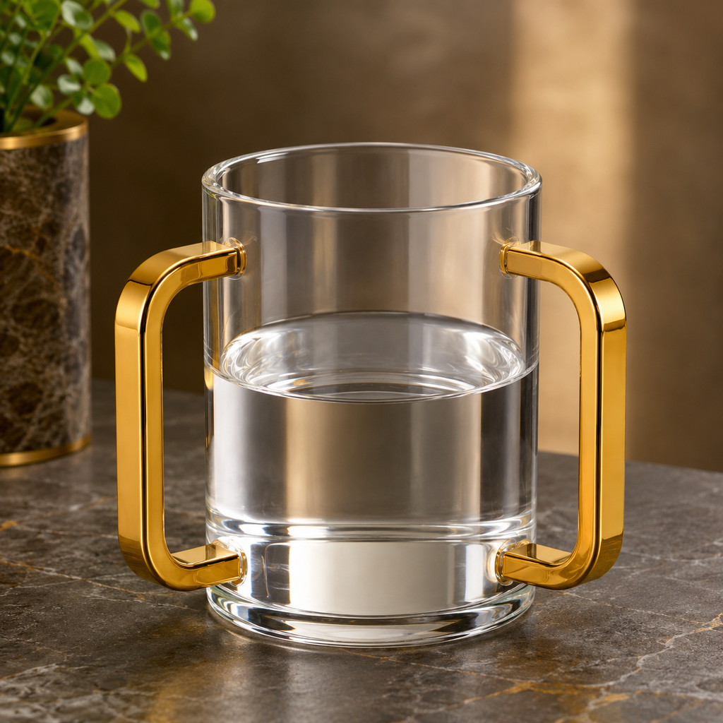 Modern Two-Handle Ritual Hand Washing Vessel in Premium Acrylic with Polished Gold Accents – 14 cm Judaica Hand Washing Cup for Home and Gift